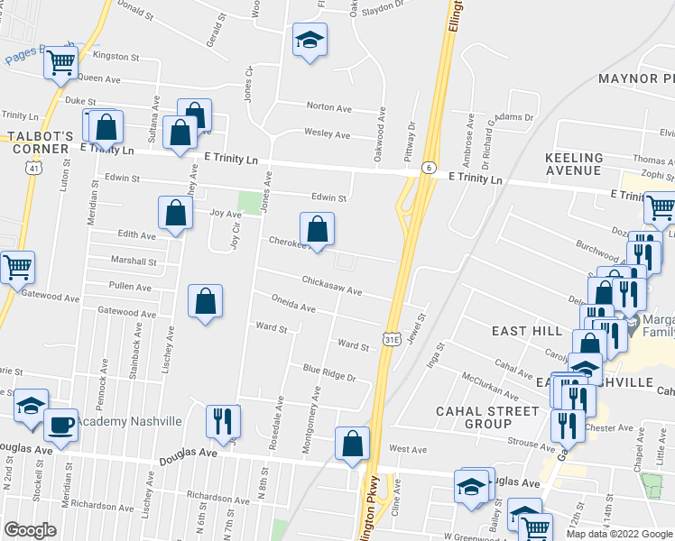 map of restaurants, bars, coffee shops, grocery stores, and more near 1130 Harmony Way in Nashville