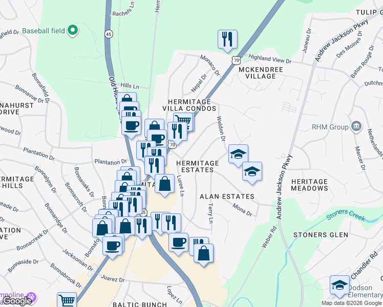 map of restaurants, bars, coffee shops, grocery stores, and more near 8304 Luree Lane in Nashville