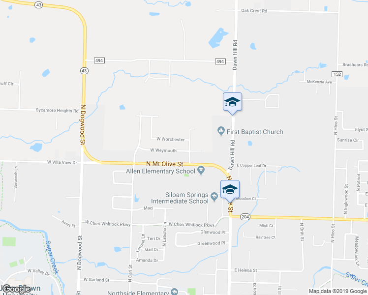 map of restaurants, bars, coffee shops, grocery stores, and more near 403 West Weymouth in Siloam Springs