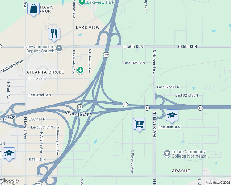 map of restaurants, bars, coffee shops, grocery stores, and more near 2917 East 32nd Street North in Tulsa