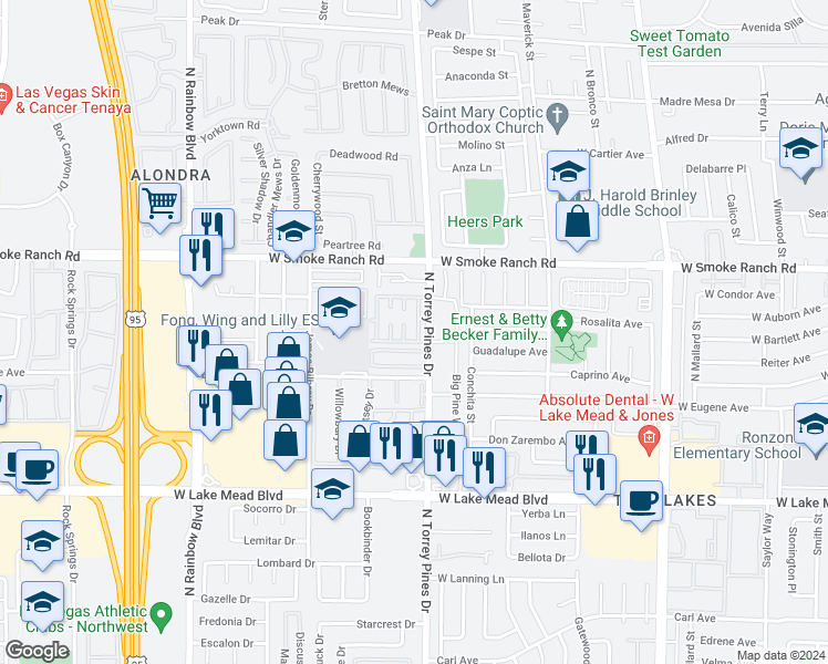 map of restaurants, bars, coffee shops, grocery stores, and more near 2212 Tall Pine Drive in Las Vegas