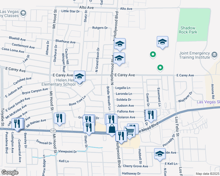 map of restaurants, bars, coffee shops, grocery stores, and more near 2317 Bridle Wreath Lane in Las Vegas