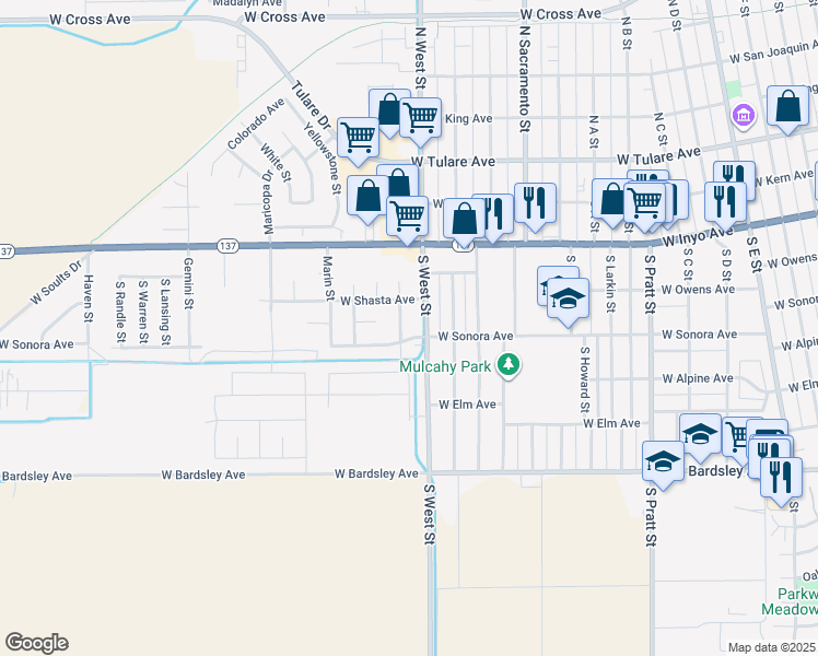 map of restaurants, bars, coffee shops, grocery stores, and more near 480 Napa Street in Tulare