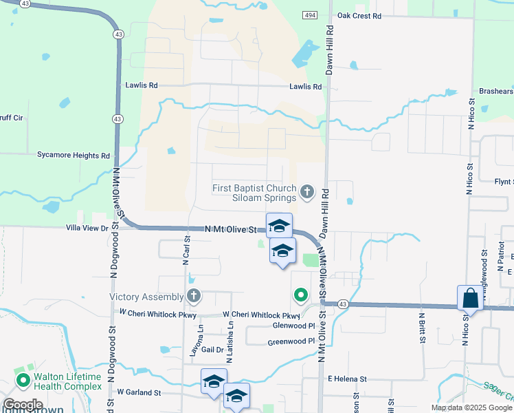 map of restaurants, bars, coffee shops, grocery stores, and more near 403 West Weymouth in Siloam Springs