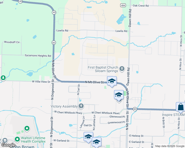 map of restaurants, bars, coffee shops, grocery stores, and more near 507 West Weymouth in Siloam Springs