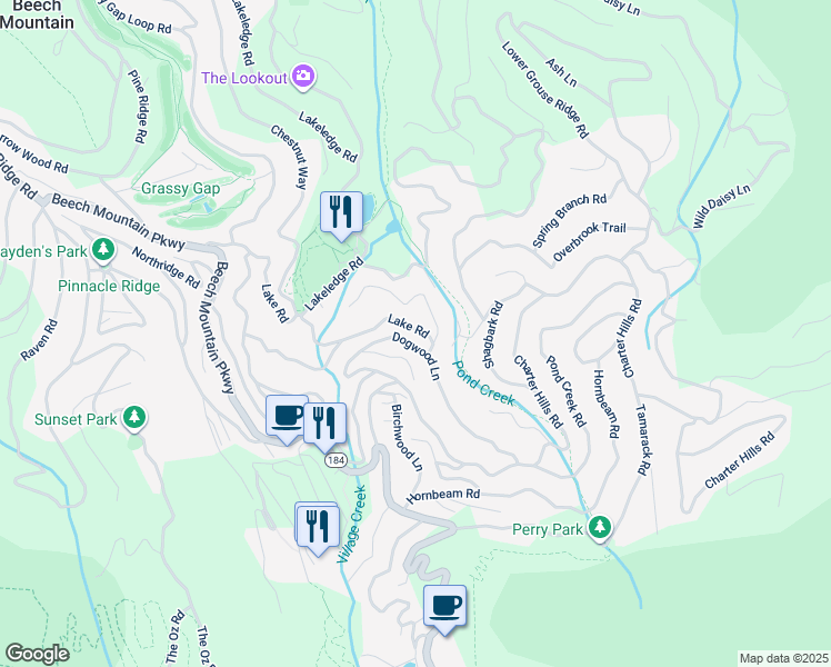 map of restaurants, bars, coffee shops, grocery stores, and more near 414 Lake Road in Beech Mountain