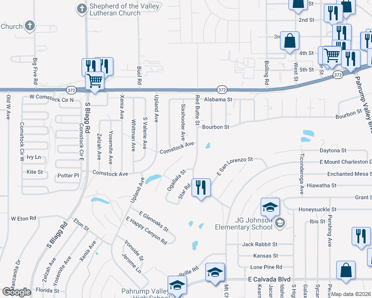 map of restaurants, bars, coffee shops, grocery stores, and more near 481 Comstock Avenue in Pahrump