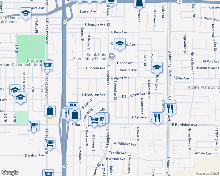 map of restaurants, bars, coffee shops, grocery stores, and more near 776 S Laspina St in Tulare