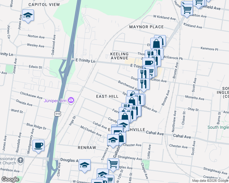 map of restaurants, bars, coffee shops, grocery stores, and more near 938C Spain Avenue in Nashville