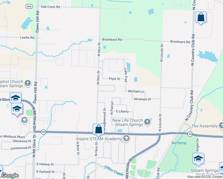 map of restaurants, bars, coffee shops, grocery stores, and more near 1107 Sunrise Circle in Siloam Springs