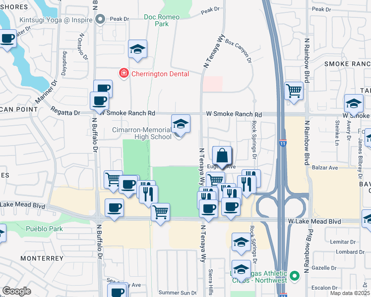 map of restaurants, bars, coffee shops, grocery stores, and more near 2301 North Tenaya Way in Las Vegas