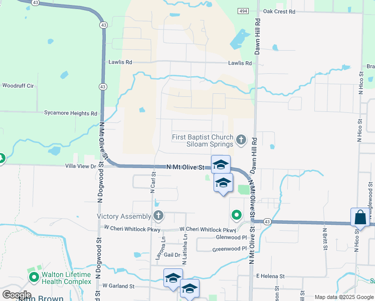 map of restaurants, bars, coffee shops, grocery stores, and more near 507 West Weymouth in Siloam Springs