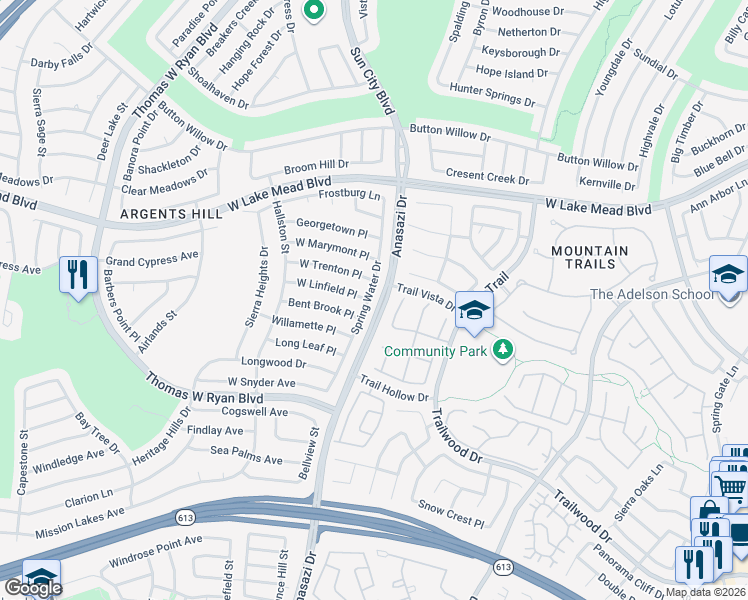 map of restaurants, bars, coffee shops, grocery stores, and more near 2222 Spring Water Drive in Las Vegas
