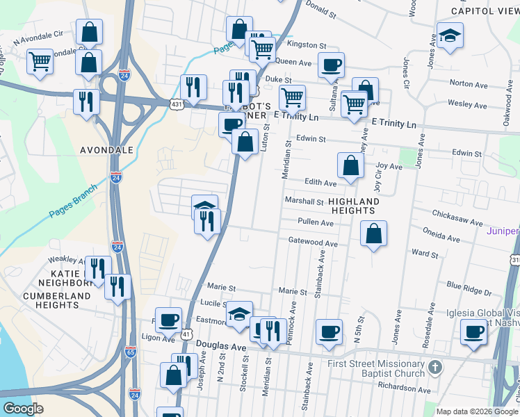 map of restaurants, bars, coffee shops, grocery stores, and more near 1525 Luton Street in Nashville