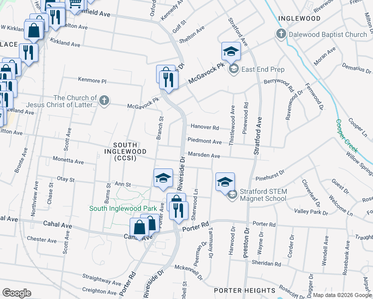 map of restaurants, bars, coffee shops, grocery stores, and more near 2103 Riverside Drive in Nashville