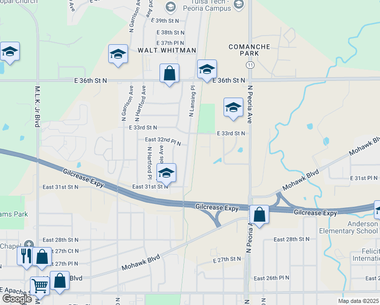 map of restaurants, bars, coffee shops, grocery stores, and more near 3167 North Lansing Place in Tulsa