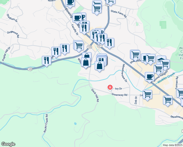 map of restaurants, bars, coffee shops, grocery stores, and more near 105 Assembly Drive in Boone