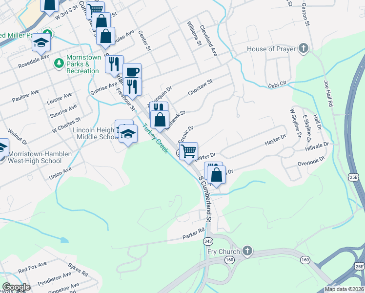 map of restaurants, bars, coffee shops, grocery stores, and more near 1307 South Cumberland Street in Morristown