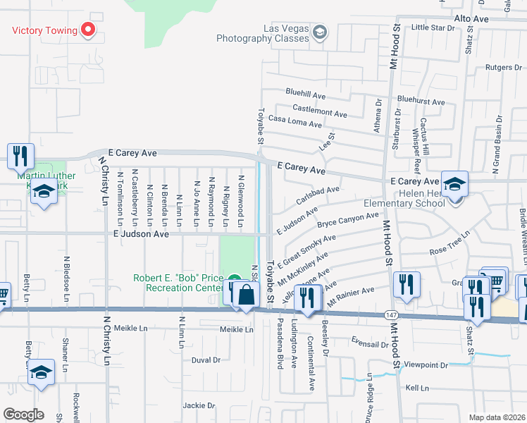 map of restaurants, bars, coffee shops, grocery stores, and more near 2257 Toiyabe Street in Las Vegas