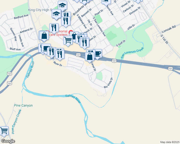 map of restaurants, bars, coffee shops, grocery stores, and more near 119 River Drive in King City