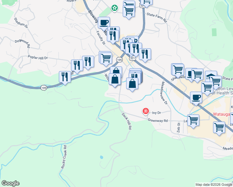 map of restaurants, bars, coffee shops, grocery stores, and more near 383 Winklers Creek Road in Boone