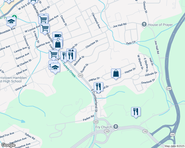map of restaurants, bars, coffee shops, grocery stores, and more near 201 Hayter Drive in Morristown