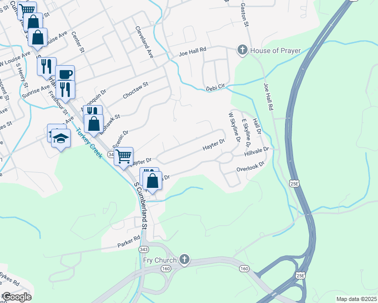 map of restaurants, bars, coffee shops, grocery stores, and more near 440 Hayter Drive in Morristown