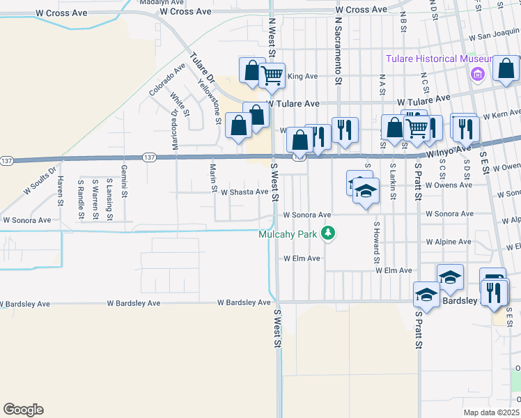 map of restaurants, bars, coffee shops, grocery stores, and more near 480 Napa Street in Tulare