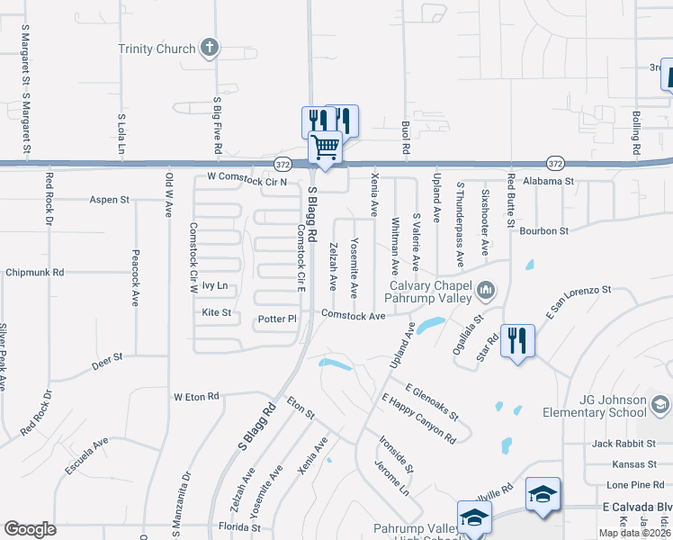 map of restaurants, bars, coffee shops, grocery stores, and more near 1221 Zelzah Avenue in Pahrump