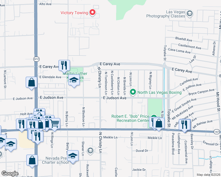 map of restaurants, bars, coffee shops, grocery stores, and more near 2237 North Castleberry Lane in Las Vegas
