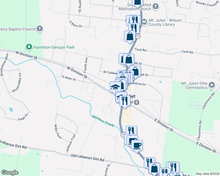 map of restaurants, bars, coffee shops, grocery stores, and more near 178 West Division Street in Mt. Juliet