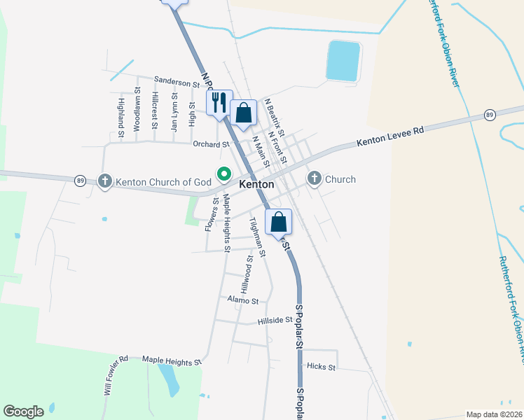 map of restaurants, bars, coffee shops, grocery stores, and more near 302 South Poplar Street in Kenton