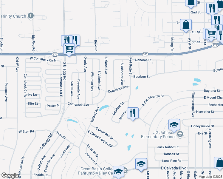 map of restaurants, bars, coffee shops, grocery stores, and more near 1220 South Thunderpass Avenue in Pahrump