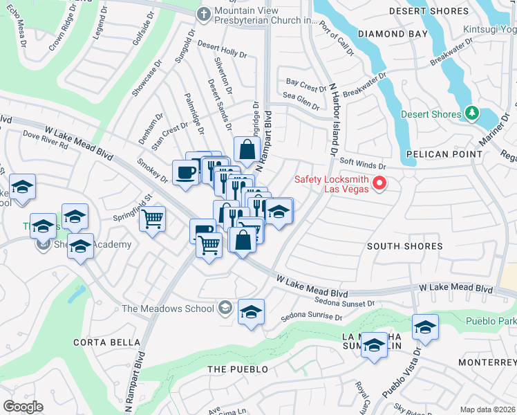 map of restaurants, bars, coffee shops, grocery stores, and more near 2101 Rico Peak Court in Las Vegas