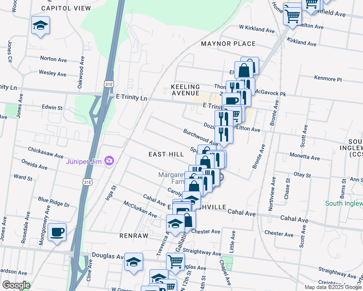 map of restaurants, bars, coffee shops, grocery stores, and more near 938C Spain Avenue in Nashville