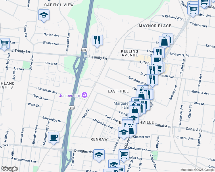 map of restaurants, bars, coffee shops, grocery stores, and more near 909B Delmas Avenue in Nashville
