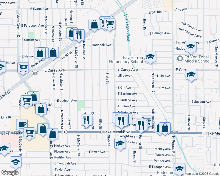 map of restaurants, bars, coffee shops, grocery stores, and more near 2233 Belmont Street in North Las Vegas