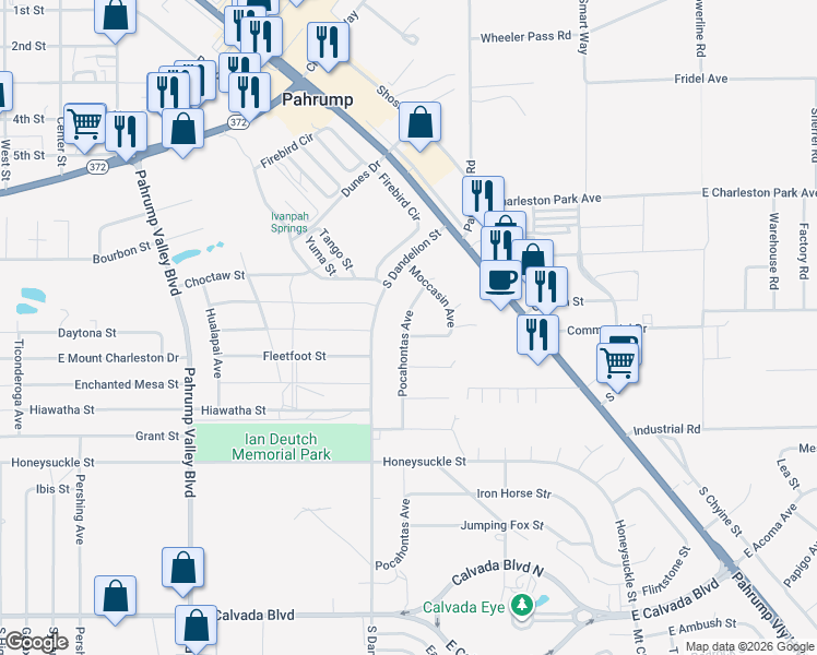 map of restaurants, bars, coffee shops, grocery stores, and more near 1281 Pocahontas Avenue in Pahrump