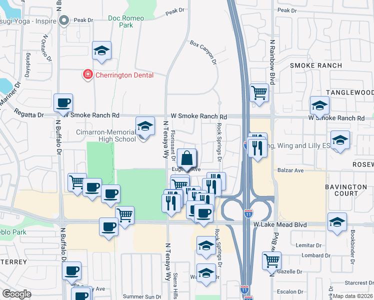 map of restaurants, bars, coffee shops, grocery stores, and more near 2228 Wilhelmina Circle in Las Vegas