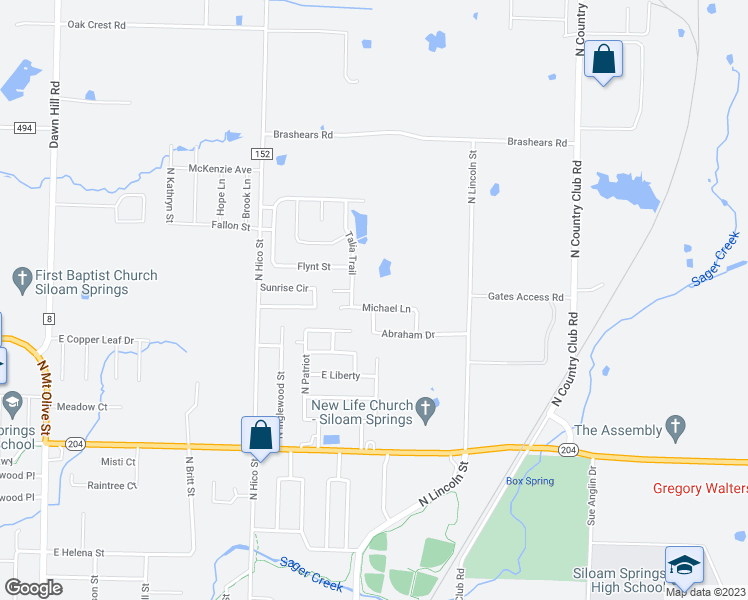 map of restaurants, bars, coffee shops, grocery stores, and more near 1303 Michael Ln in Siloam Springs
