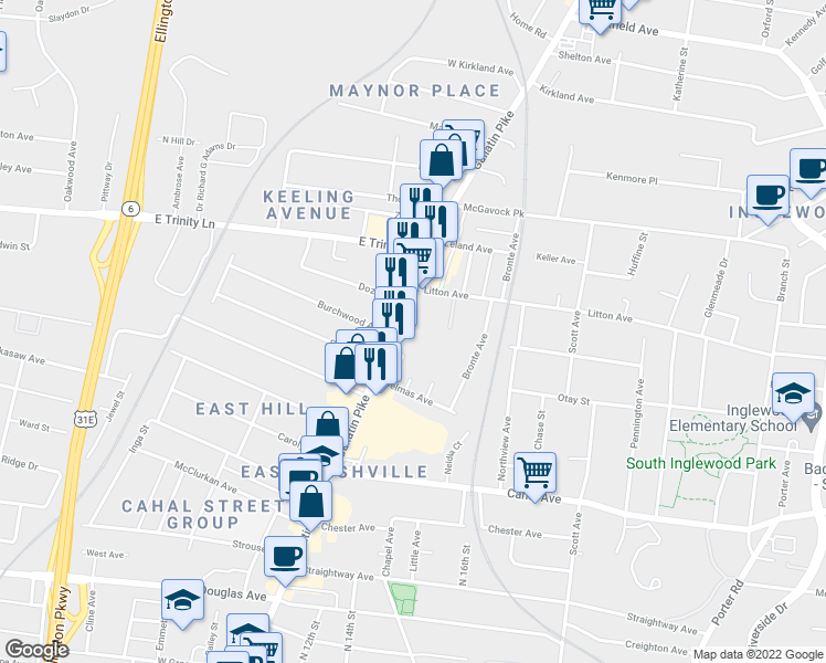 map of restaurants, bars, coffee shops, grocery stores, and more near 2814 Gallatin Pike in Nashville