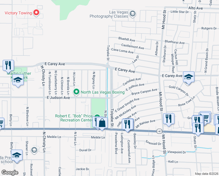 map of restaurants, bars, coffee shops, grocery stores, and more near 2257 Toiyabe Street in Las Vegas