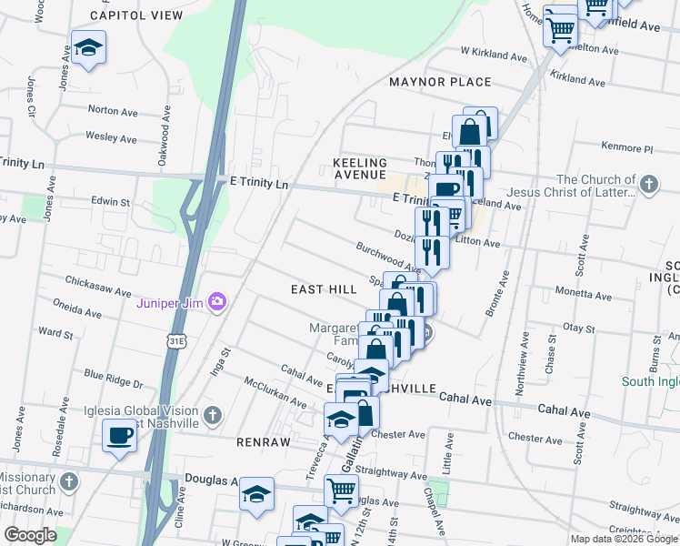 map of restaurants, bars, coffee shops, grocery stores, and more near 938C Spain Avenue in Nashville