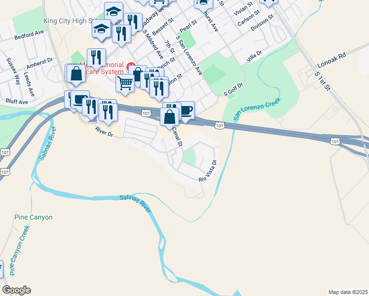 map of restaurants, bars, coffee shops, grocery stores, and more near 276 Rio Vista Drive in King City