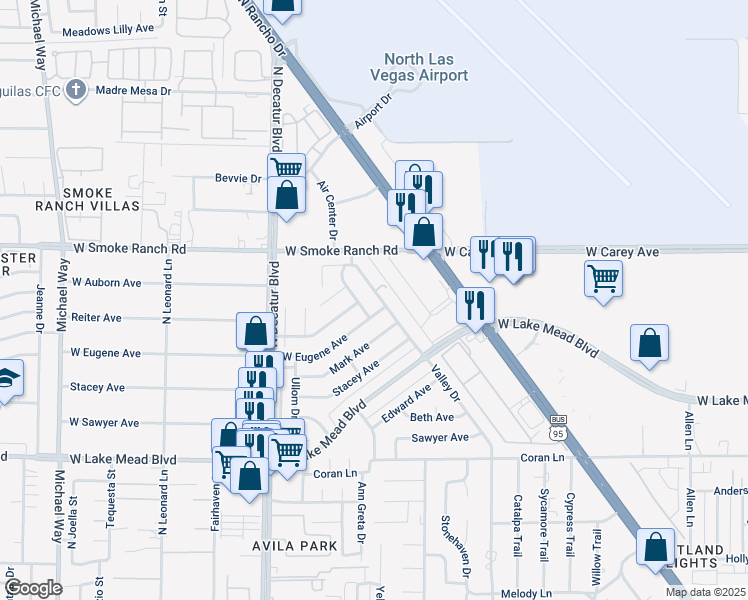 map of restaurants, bars, coffee shops, grocery stores, and more near 2313 Valley Drive in Las Vegas