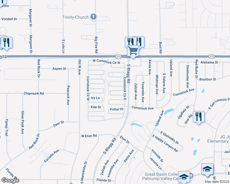 map of restaurants, bars, coffee shops, grocery stores, and more near 91 Tonopah Trail in Pahrump