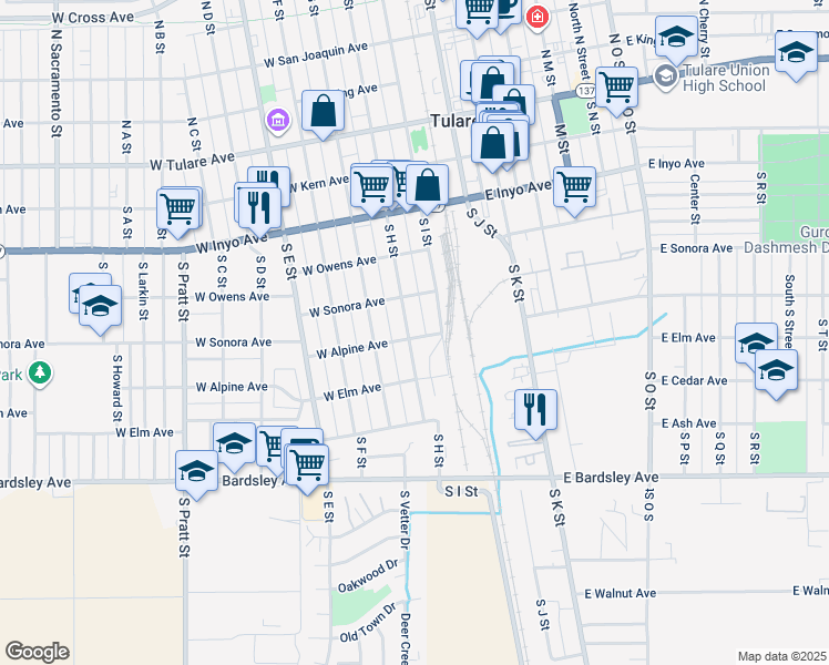 map of restaurants, bars, coffee shops, grocery stores, and more near 562 South H Street in Tulare