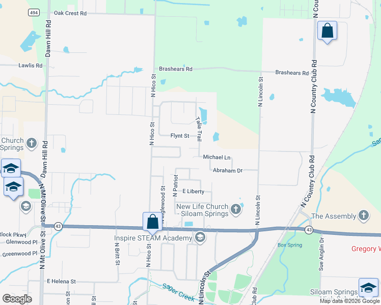 map of restaurants, bars, coffee shops, grocery stores, and more near 1200 Coleson Court in Siloam Springs