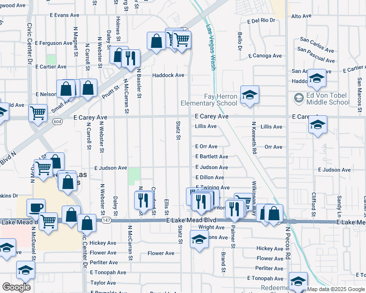 map of restaurants, bars, coffee shops, grocery stores, and more near 2233 Belmont Street in North Las Vegas