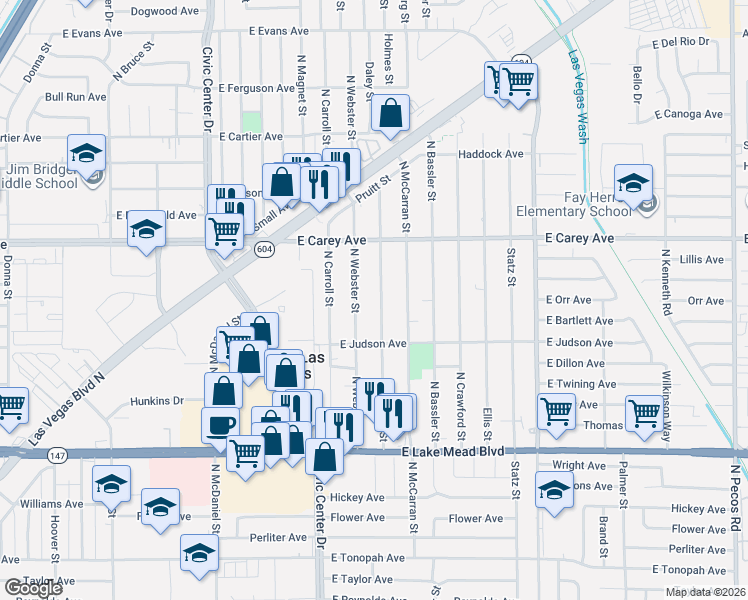 map of restaurants, bars, coffee shops, grocery stores, and more near 2238 North Webster Street in North Las Vegas
